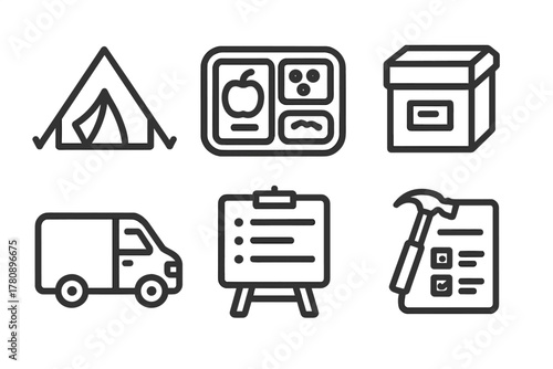 Field School Icons. Line style icons of field school logistics: student tent icon, camp meal tray, supply box label, transport van