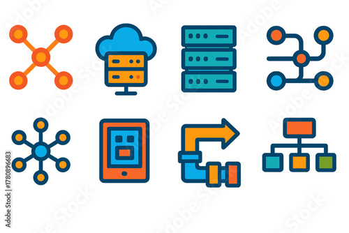 Technological System Icons. Flat vector icons of technological systems and networks: network nodes, cloud server, server rack,