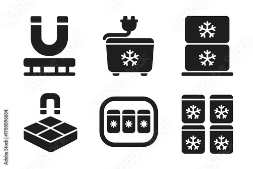 Scalable Cooling Icons. Solid style icons of scalable refrigeration: modular magnet unit, plug-and-play cooler, stackable cooling