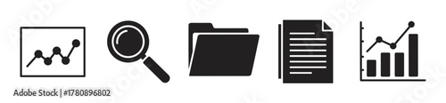 Set of five black silhouette icons illustrating data analysis tools, including a graph, magnifying glass, folder, document, and bar chart.