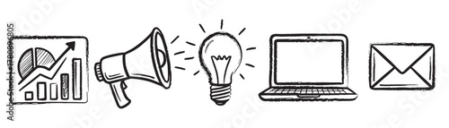 Hand-drawn icons featuring a growing chart, megaphone, glowing light bulb, open laptop, and envelope, symbolizing business growth and communication.