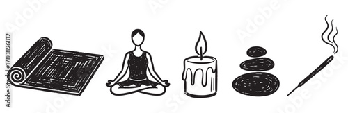 Hand-drawn icons of a yoga mat, meditating person, candle, stacked stones, and incense stick depicting a tranquil and peaceful setting.