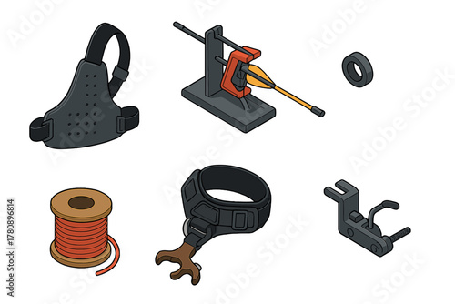 Archery Gear Illustration. Isometric vector illustration set Archery gear: chest guard with strap, arrow fletching jig, peep sight