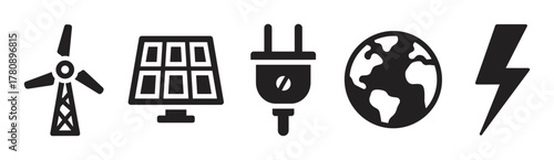 Black icons depicting a wind turbine, solar panel, electrical plug, earth globe, and lightning bolt, symbolizing renewable energy concepts.