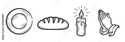 Hand-drawn black and white illustrations of a plate, a loaf of bread, a lit candle, and praying hands.