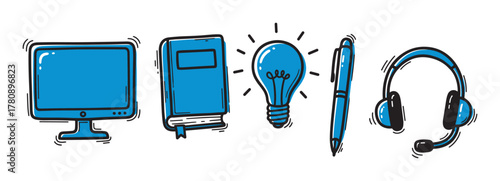 Hand-drawn blue icons of a computer monitor, book, light bulb, pen, and headset, representing technology and education themes.
