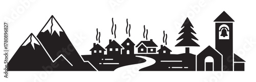 Black silhouette of a small village with houses, winding road, church, evergreen tree, and snow-capped mountains with steam rising from chimneys.