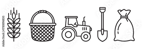 Black outline vector icons of a wheat stalk, woven basket, tractor, shovel, and sack, representing various aspects of agriculture and farming.
