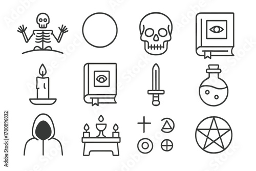 Esoteric Magic Symbols. Line style icons of Esoteric Magic: Raising the Dead, Circle, Skull, Secret Knowledge; Candle, Spellbook,