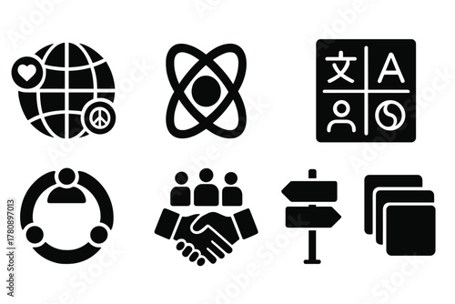 Cultural Symbol Icons. Solid style icons of cross-cultural symbols: globe with icons glyph, fusion badge, shared meaning ring.