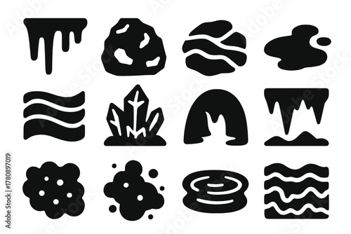 Cave Texture Icons. Solid style icons of Cave textures: dripping stalactite, rough rock, mineral veins, wet puddle, sediment layer
