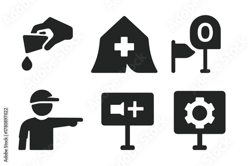 Race Event Icons. Solid style icons of race events and volunteers: reversed water station icon, turned medical tent badge,