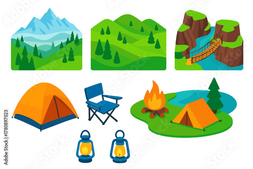 Mountain Adventure Icons. Isometric vector illustration set Mountain landscapes – misty valley, rolling foothills, river gorge;