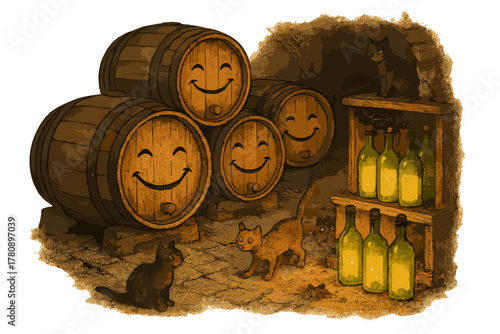 Whimsical Wine Cellar. Cellar full of smiling wine barrels, glowing bottles, and curious cats exploring dusty corners No text, No
