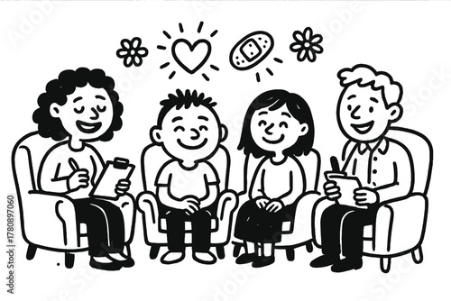 Playful Therapy Session. Playful doodle trauma counseling session with happy therapists, cartoon patients sitting on cozy chairs