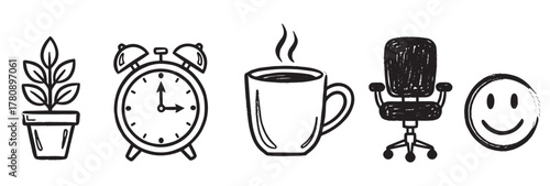 Black and white hand-drawn illustrations of a potted plant, an analog alarm clock, a steaming coffee cup, an office chair, and a smiling face symbol.