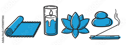 Blue and black outline icons of a rolled yoga mat, a lit candle in a glass, a lotus flower, and a stack of stones with burning incense.