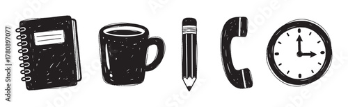 Hand-drawn black outline illustrations of a notebook, coffee mug, pencil, telephone receiver, and clock on a white background.