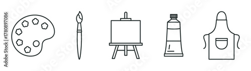 Black outline icons of art supplies including a palette, brush, easel, paint tube, and apron, ideal for creative and artistic themes.