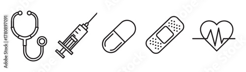 Black outline icons of a stethoscope, syringe, capsule, adhesive bandage, and heart with pulse line, representing healthcare and medical essentials.