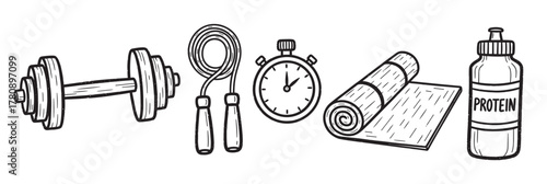 Hand-drawn style illustration featuring a dumbbell, jump rope, stopwatch, rolled-up exercise mat, and protein bottle, symbolizing fitness and workout essentials.