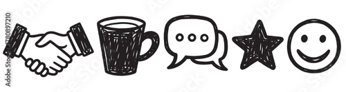 Black and white hand-drawn icons including a handshake, coffee cup, speech bubbles, star, and smiling face.
