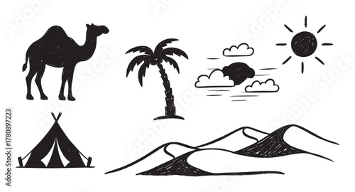 Black silhouette illustrations of a camel, palm tree, tent, desert dunes, and sun with clouds, embodying themes of travel and adventure in a desert setting.