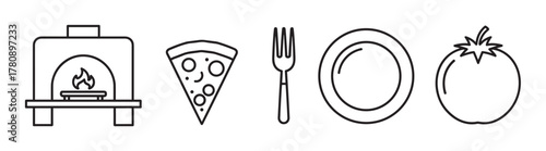 Black outline icons of a pizza oven, pizza slice, fork, plate, and tomato in a linear style. suitable for food and culinary concepts.