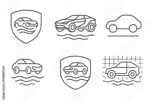 Futuristic Amphibious Car Icons. Line style icons of amphibious car brands and concepts: signature badge logo, futuristic render