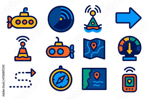 Underwater Navigation Icons. Flat vector icons of underwater navigation and tracking: submarine, sonar ping, GPS buoy, path arrow,