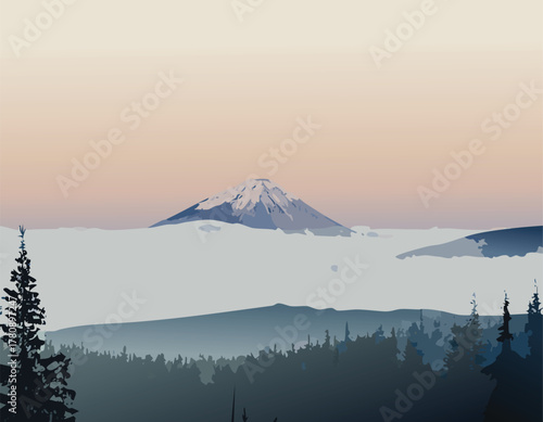Mount hood rises above a sea of clouds, a serene landscape illustration