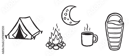 Black outline icons of a triangular camping tent, a steaming campfire, a crescent moon, a steaming coffee cup, and a sleeping bag, representing outdoor adventure elements.