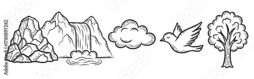 Black outline vector illustration of rocky mountains with a waterfall, fluffy clouds, a flying bird, and a leafy tree, symbolizing nature and tranquility.