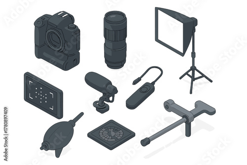 Photography Equipment Isometric Set. Isometric vector illustration set of Camera and Photography: battery grip, optical zoom