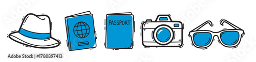 Black outlined icons of a hat, two passports, camera, and sunglasses with blue accents, representing essential travel items.
