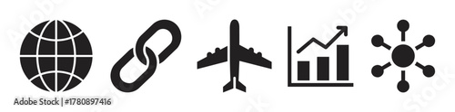 Black icons representing a globe, a chain link, an airplane, a bar chart with an upward trend, and a connected nodes network.