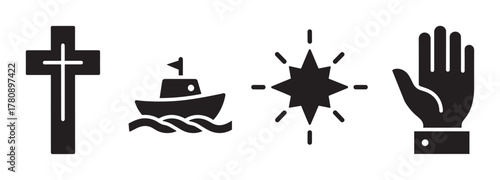 Black silhouette icons of a christian cross, a sailing boat on waves, a radiant star symbol, and an open hand.