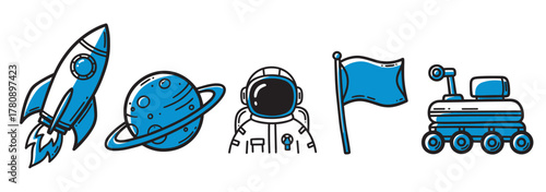 Blue and black outline icons of a rocket, saturn-like planet, astronaut helmet, flag, and rover vehicle.