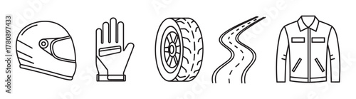 Black outline icons of a motorcycle helmet, gloves, tire, winding road, and jacket, symbolizing essential gear for bikers.