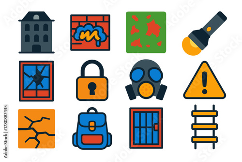 Urban Exploration Icons. Flat vector icons of Urban Exploration: abandoned building, graffiti wall, peeling paint, flashlight,