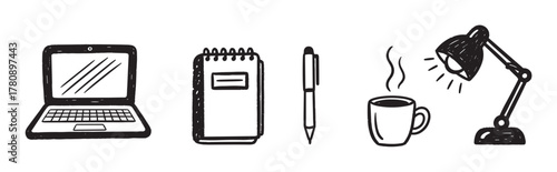 Black and white hand-drawn icons of a laptop, notebook, pen, steaming coffee cup, and desk lamp for a workspace theme.