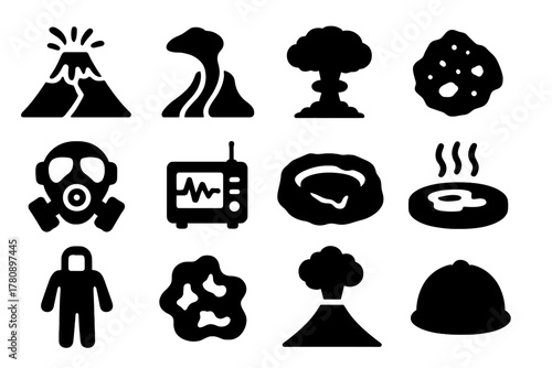 Volcano Expedition Icons. Solid style icons of Volcano Expedition: Volcano, Lava Flow, Ash Cloud, Rock Sample, Gas Mask, Seismic