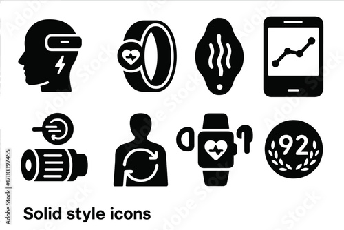 Biofeedback Tools Icons. Solid style icons of graffiti conservation efforts: protected wall icon, barrier glyph badge, info plaque