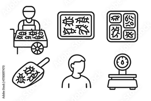 Insect Food Market Icons. Line style icons of insect food markets: street vendor with bugs, open display of fried insects, sample