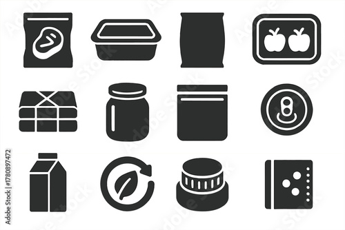 Modern Packaging Icons. Solid style icons of modern packaging preservation: vacuum bag, plastic container, foil pouch, modified