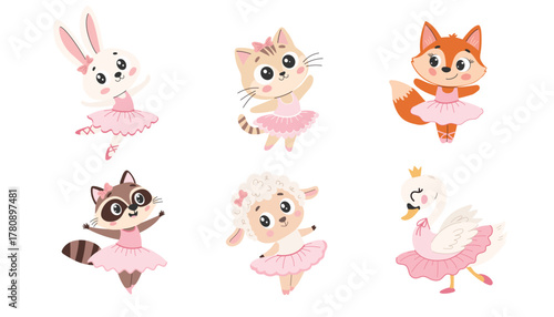 A cute animals is doing ballet. Vector in a cute children's style.