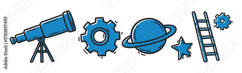 Blue outlined vector icons showcasing a telescope, gears, saturn-like planet, star, and ladder. these represent exploration, science, and discovery themes.