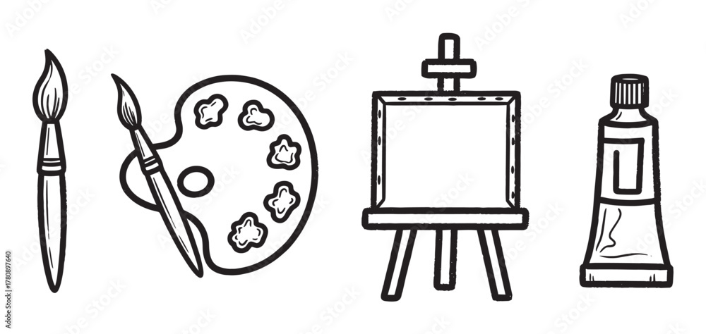 Fototapeta premium Hand-drawn vector images of art supplies including paintbrushes, a palette, an easel with canvas, and a tube of paint.