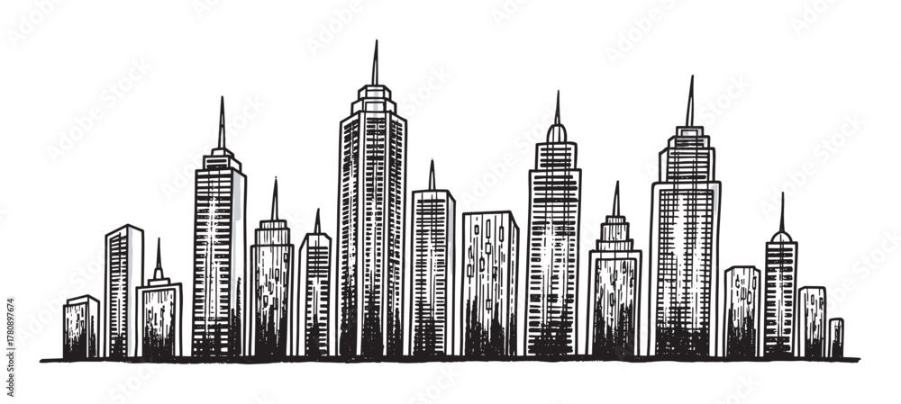Naklejka premium Black and white hand-drawn skyline of a city with tall, varied skyscrapers and spire-topped buildings, showcasing architectural diversity.