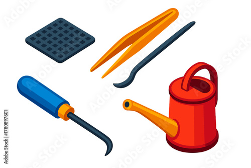 Bonsai Tool Essentials. Isometric vector illustration set Bonsai Essentials: Drainage mesh, bonsai tweezers, root hook, watering